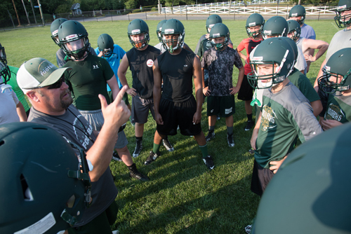 Bishop McGann-Mercy's new — and old — coach, Jeff Doroski, making a point during the team's practice on Monday evening. (Credit: Robert O'Rourk)