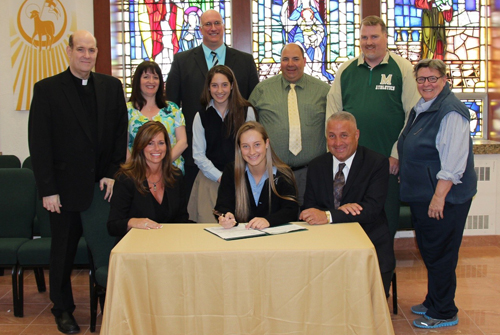 COURTESY PHOTO | Bishop McGann-Mercy senior Cassidy Lessard, flanked by her parents Kelly and Dave, signed a letter of intent to play tennis for Wagner College.
