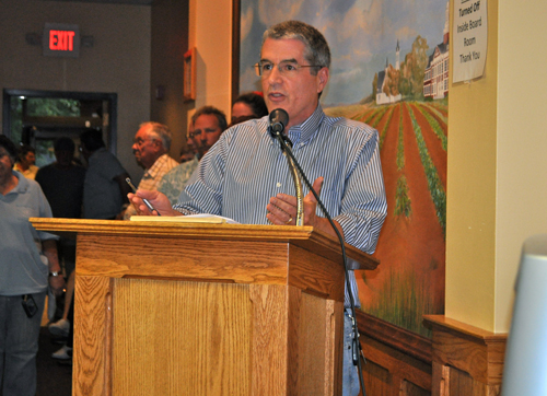 RACHEL YOUNG PHOTO | South Jamesport resident Larry Simms stated his concerns about Costco Wholesale's request to install lighting fixtures exceeding illumination levels at Thursday's ZBA hearing Thursday.