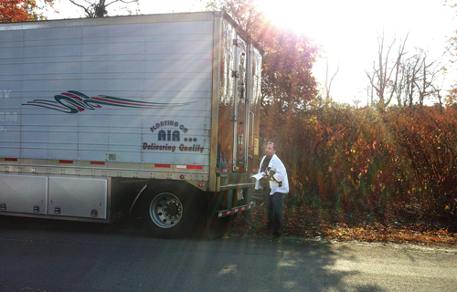 Riverhead Town is considering bringing a Manorville man to court who is alleged to be illegally operating a puppy breeding operation out of his home. Pictured, a man delivers a dog to breeder John Kowal's home on River Road. (Courtesy photo)