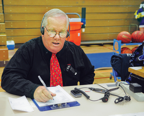 BILL LANDON PHOTO | Pat Kelly has been calling Riverhead football games for 25 years. The voice of the Blue Waves was at West Islip for last Tuesday's boys' basketball game. BILL LANDON PHOTO | Pat Kelly has been calling Riverhead football games for 25 years. The voice of the Blue Waves was at West Islip for last Tuesday's boys' basketball game.