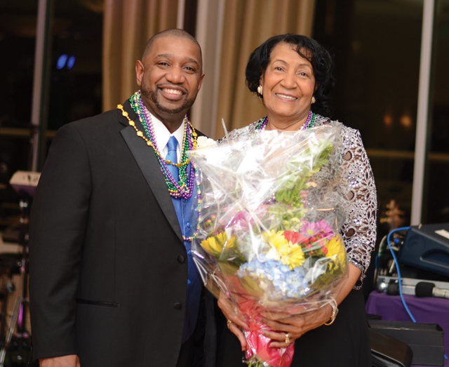 Roderick Farmer recognizes Emma Alston — Thomas Watkin's widow — during the first presentation of the Thomas Watkins Buffalo Soldier award. Mr. Farmer, the worshipful master of Tyre Lodge No. 91, which created the award, said it was established 'to reach back and honor one of our own as well as somebody who was a pillar in the community.' (Credit: courtesy photo)