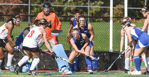 Riverhead's freshman goalie, Rachel Bornstein, making only her second career start, was kept busy by Sachem East's relentless attack. (Credit: Robert O'Rourk)