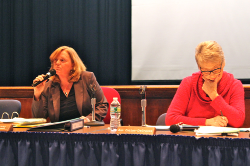 JENNIFER GUSTAVSON PHOTO | Superintendent Nancy Carney, left, with school board president Ann Cotten-DeGrasse at Tuesday’s Board of Education meeting.