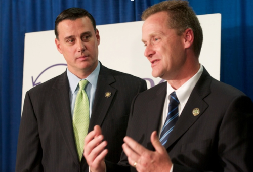 Assemblyman Anthony Palumbo (left) and Riverhead supervisor Sean Walter at a press conference in Albany this week. (Credit: Office of Anthony Palumbo)