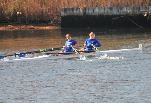 BILL LANDON PHOTO | Riverhead High School rowers at the Snowflake Regatta Sunday.