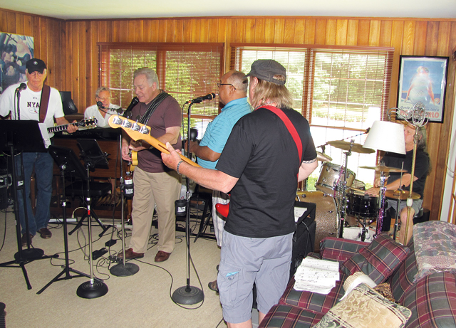The Royals — John Schaefer (from left), John Czygier, Bob Dunkirk, Butch Langhorn, Bill Dunkirk and Butch Cavoulo (partially hidden), rehearsing last Saturday. (Credit: Tim Gannon)