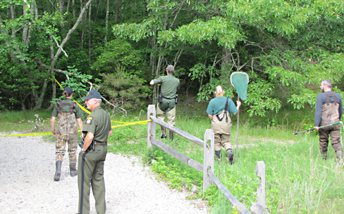TIM GANNON PHOTO | DEC officers hunting for the alligator Friday.