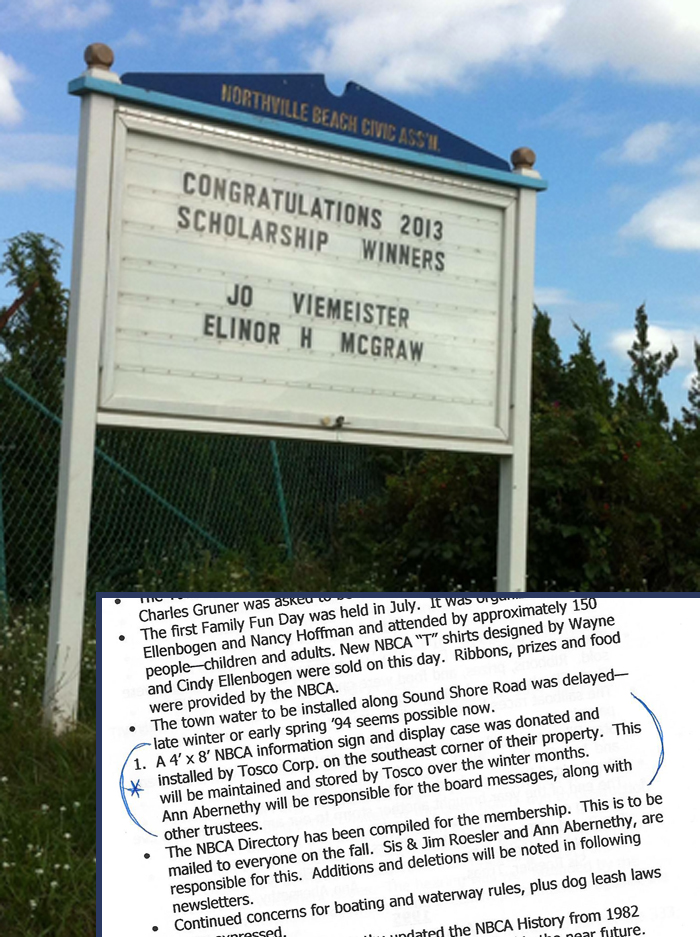 The sign as it appeared before this week. An inset shows the minutes from the meeting in which community members say the sign was handed over to them. (credit: courtesy photos)