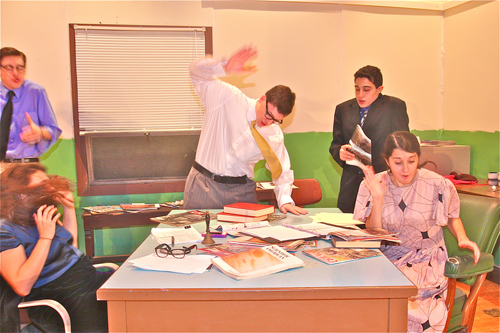 BARBARAELLEN KOCH PHOTO Ian Byrne of Baiting Hollow as Max Prince (left), Johnny Tumminello of Jamesport as Lucas Brickman (center) and Danielle Allen of Riverhead as Carol Wyman in Act I Scene I of Neil's Simon's 'Laughter on the 23rd Floor'.
