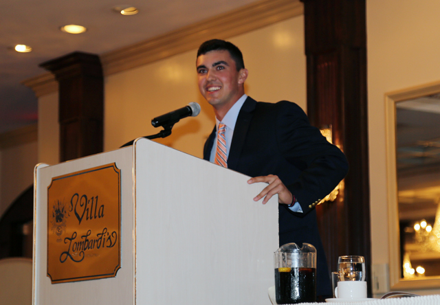 Brian Morrell delivers a speech after winning the Yastrzemski Award Wednesday. (Credit: Joe Werkmeister)