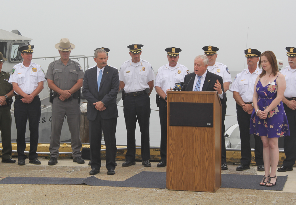 Riverhead Police Chief David Hergemiller (left) joined SCDA Thomas Spota at Tuesday's press conference to unveil a plan to combact drunken drivers. (Credit: Carrie Miller)