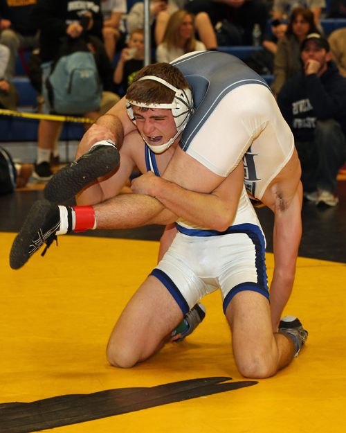 Cody Weiss of Riverhead wrestles Jack Gold of Rocky Point in last week's North Fork Invitational. On Saturday, Weiss won the title of the tournament. (Credit: Daniel De Mato, file)