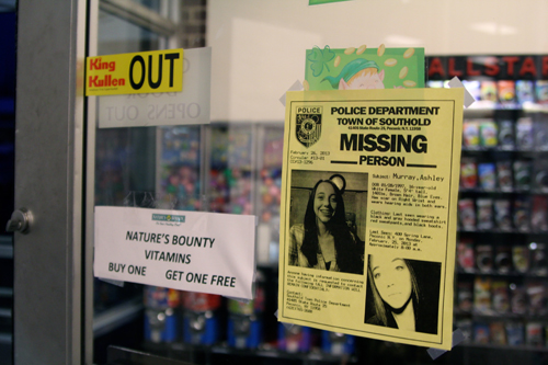 JENNIFER GUSTAVSON PHOTO | A missing person flier posted at the King Cullen in Cutchogue.
