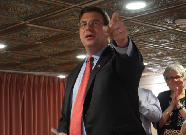 Congressional candidate Dave Calone address supporters at his primary night gala at the Meadow Club in Port Jefferson Station late Tuesday night. (Credit: Krysten Massa)