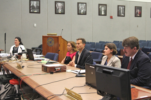 From left, Walter Dawydiak, director of the Suffolk County Health Department Division Of Environmental Quality; Dr. Alison Branco, director of the Peconic Estuary Program; Dr. Christopher Gobler, biologist at Stony Brook University; and Adrienne Esposito, executive director of Citizens Campaign for the Environment at Thursday's meeting in Hauppauge. The panel discussed water quality issues. (Credit: Jen Nuzzo)