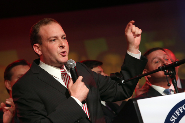 Congressman-elect Lee Zeldin addresses his supporters at the Suffolk County GOP gala at Emporium in Patchogue Tuesday. (Credit: John Griffin)