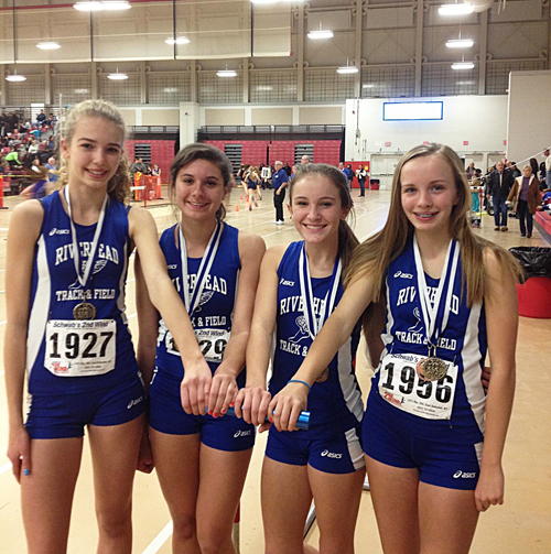 JUSTIN COBIS PHOTO | The Riverhead 4 x 800 relay team of (from left) freshman Meghan Van Bommel, junior Rachel Conti, sophomore Maria Dillingham and freshman Megan Carrick won the League III title Saturday afternoon.