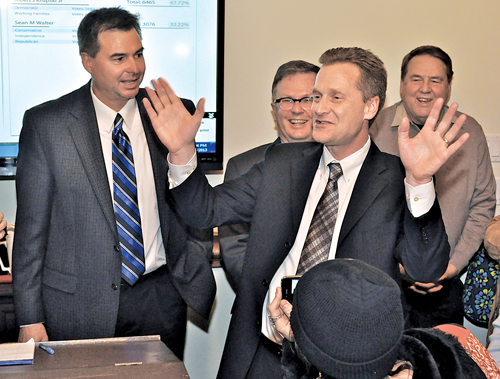 TIM KELLY FILE PHOTO | Sean Walter ‘surrenders’ to Al Krupski at the Dark Horse on election night Tuesday.