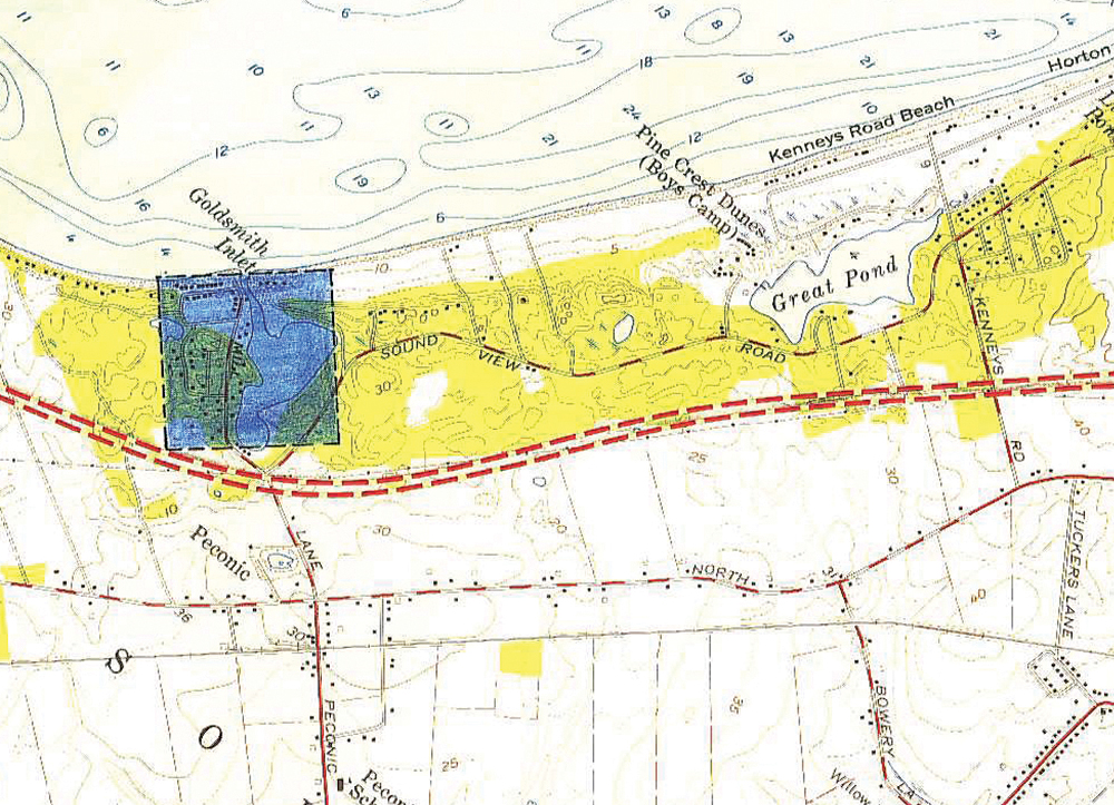 [Click to enlarge] This document, titled 'Expressway Plan 1959 County Planning Board,' can be found on Southold Town's website. It shows the LIE running just south of Goldsmith Inlet. (Credit: Southold Town)
